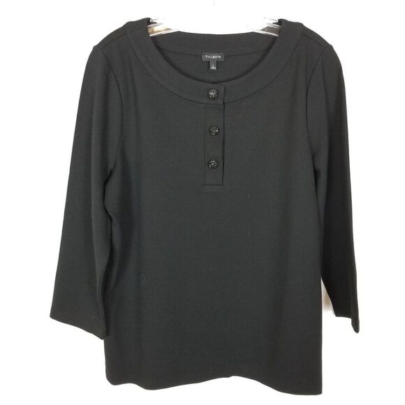 Talbots Tops - Talbots Women Knit Top Sz L Black Shiny Button Neck‎ 3/4 Sleeve Blouse Event